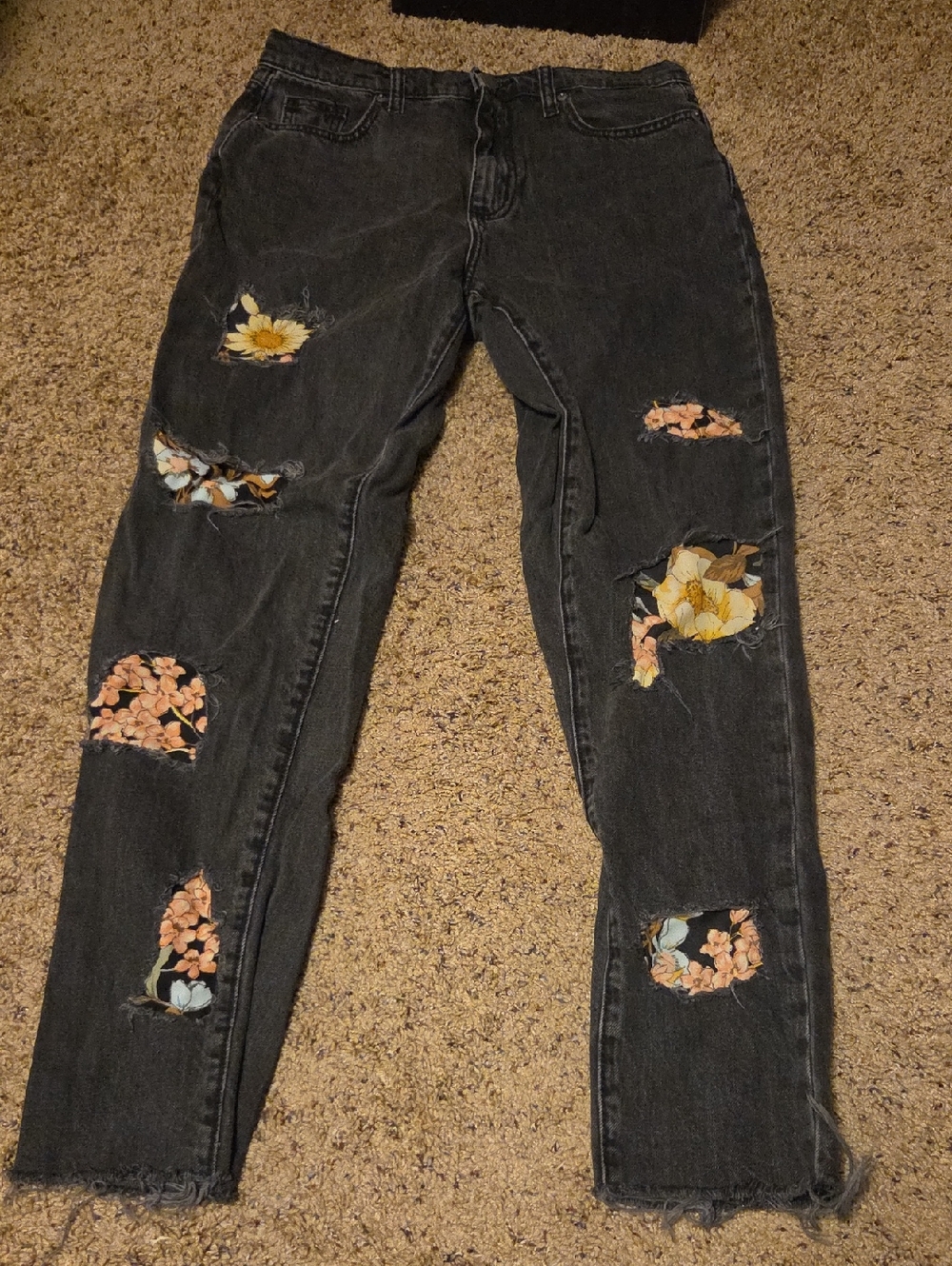 Black Distressed Boyfriend Jeans with Floral Patch Details (See Photos)